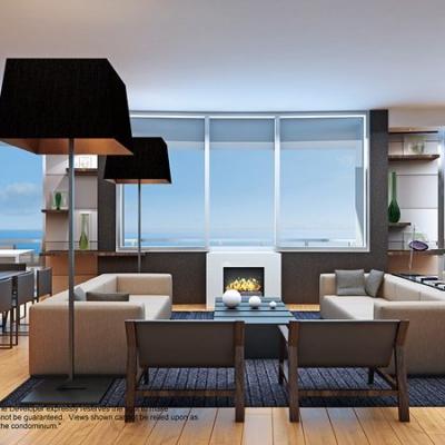 Porsche Design Tower Duplex family room with fireplace